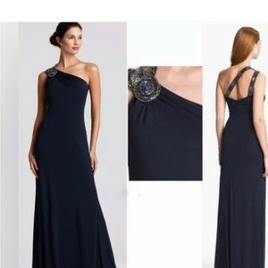 David Meister gown. Navy blue. One shoulder with gem detail